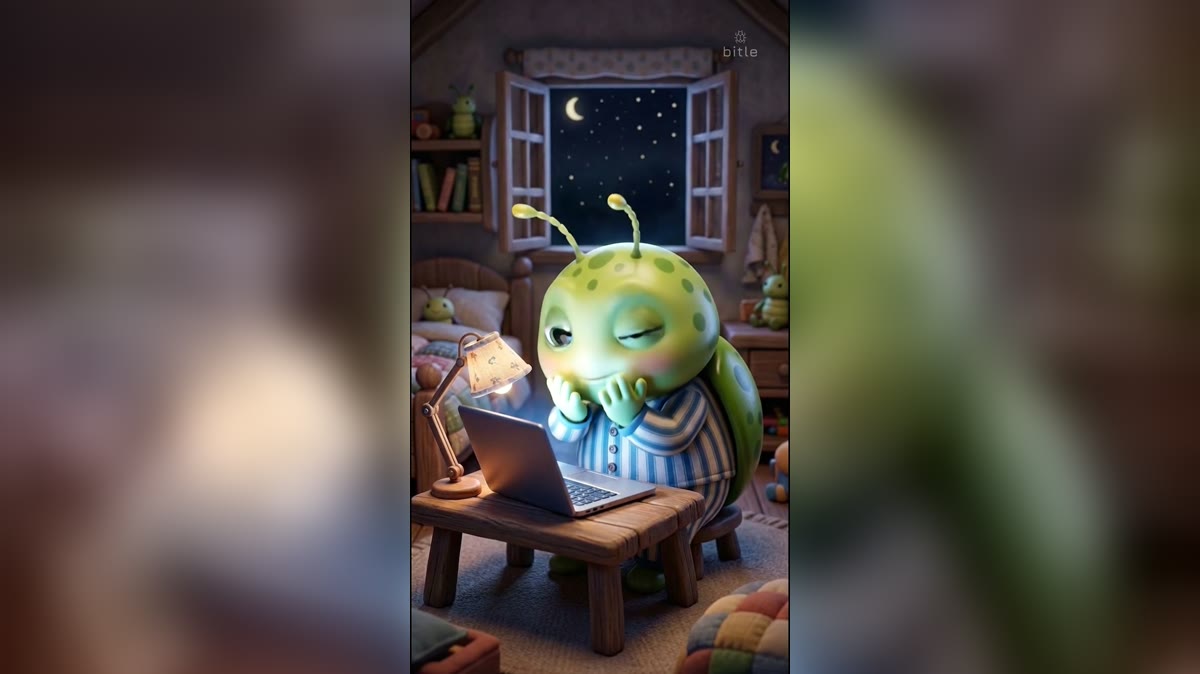 Lo scarabeo Bitle di notte davanti al portatile, mentre confida i suoi segreti