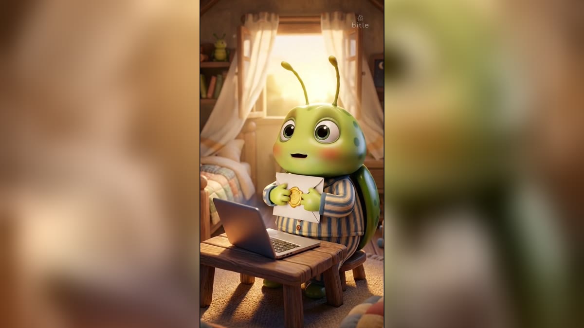 Lo scarabeo Bitle guarda una lettera con un sigillo dorato disegnato a pennarello